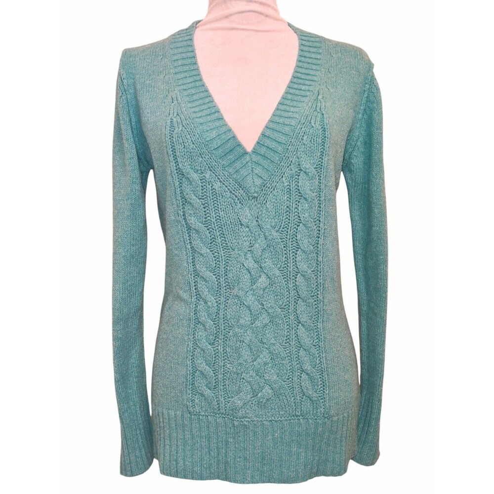 Preppy Cable Knit Women's Sweater Vee Neck Long Layer Mint Green Basic Large